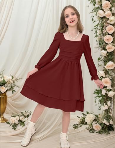 JiAmy Girls Dresses Square Neck Lantern Long Sleeve Ruched Smocked Back Double Layer Ruffle Dress2
