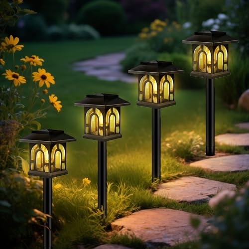 4 Piezas Luces Solares LED Exterior Jardín, Camino de Luces LED Solar Exterior, IP65 Impermeable, Iluminación Decorativa para Jardín, Paisajes, Caminos, Patios, Pasillo, Césped(Blanco Cálido)