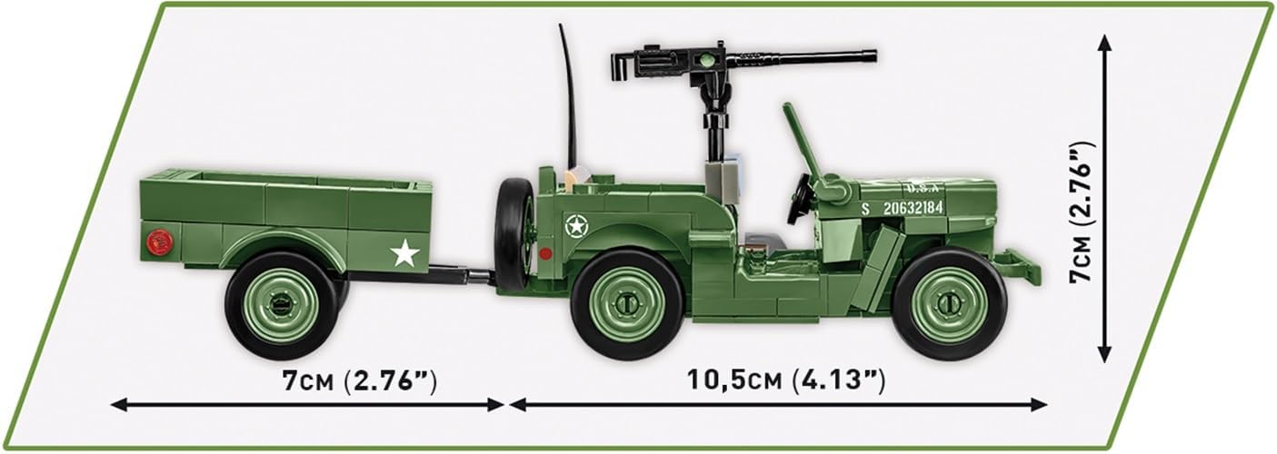 Diagram showing the dimensions of the COBI Willys MB Jeep and Trailer model