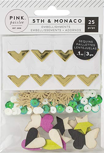 Pink Paislee 5th & Monaco EMBELLI MIXADO, Chapas de Madera, Esquinas de Fotos, Lentejuelas, talla única
