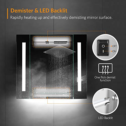 Quavikey Bathroom Mirror Cabinets LED Illuminated Mirrored Bathroom Cabinets Wall Mounted With Light Shaver Socket Demister For Makeup Cosmetic Shaver Charging 650 x 600mm