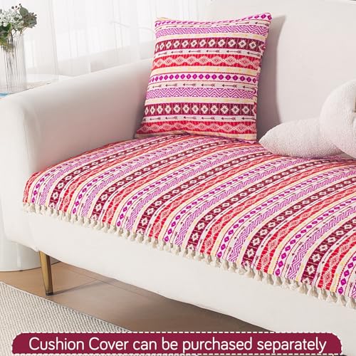 Image of HOKIPO L Shape (2+2 Seater) Sofa Cover Seat Mat | 300 GSM Cotton Acrylic Jacquard Fabric with Tassel, 'Trivana Series' Hot Pink (IN-934+935-J3)
