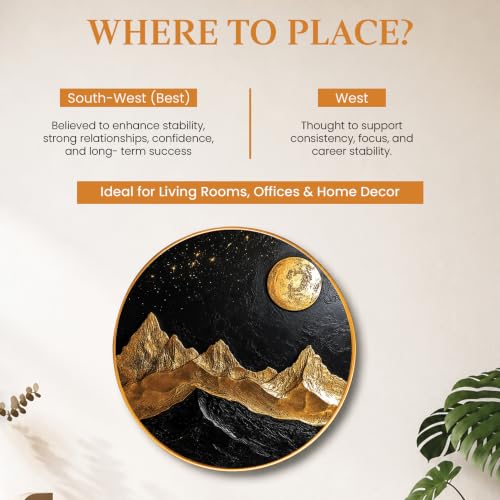 Image of PAINTINGMANTRA Golden Mountain Moon Vastu Framed Wall Art Painting For Living Room, Symbol of Stability, Mountain Poster with frame for Wall, Decoration item for bedroom & Home, 23 Inch