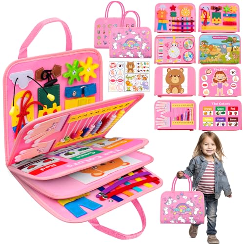 Goodfuns Busy Board Montessori Toys for 3 4 5 6 Year Old, 9 in 1 Busy Book for Toddlers 3-6, Sensory Board Activities Learning Travel Toys for Plane Car, Birthday Gifts for Kids Boys Girls (Unicorn)