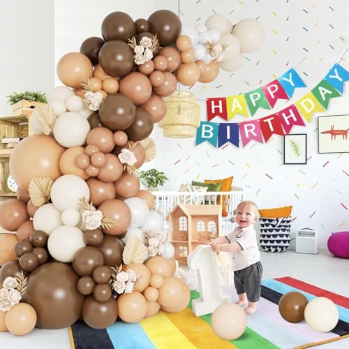 Image of Toys Treasure Birthday Decoration Kit 104 Pcs - Brown Dusty White Metallic Balloons with Happy Birthday Banner Party Supplies