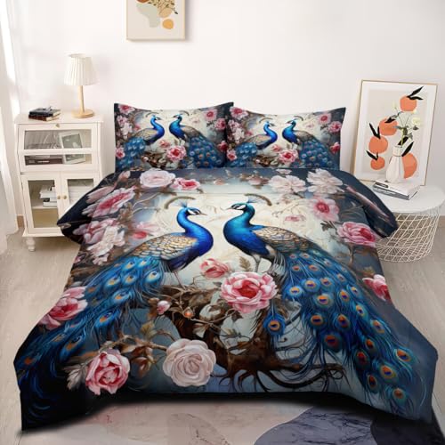 CCoutueChen Peacock Comforter Set King Size Bird Flower Bedding Blue Peacock Feather Comforter for Women Girls Soft Down Alternative Comforter for All Reason