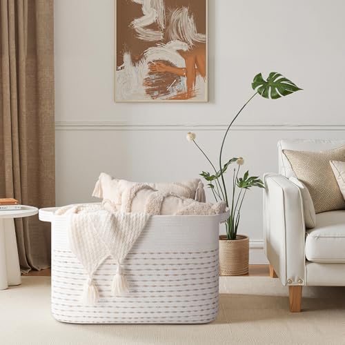 Image of OIAHOMY 108L Extra Large Blanket Basket, 25 inchx16 inchx16 inch Rectangle Woven Cotton Rope Baskets for Living Room, Toy Storage with Handle- Light Yellow & White