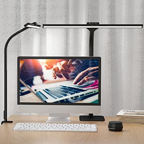 HAMOPY LED Desk Lamp with Clamp, 2-in-1 Double Head Architect Desk Lamp with USB Charging Port, Gooseneck & Remote Control, 5 Color Modes & 24W Dimmable Eye Protection Desk Lamp for Home Office