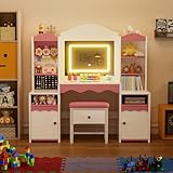 MSFE 2 en 1 Coiffeuse Enfants avec LED Miroir & Chaise, Coiffeuses en Bois avec Support pour Bijoux, Grand Rangement, Ensemble de Bureau Enfant, Table de Maquillage pour Chambre à Coucher