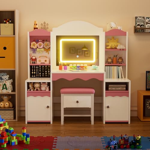 MSFE 2 en 1 Coiffeuse Enfants avec LED Miroir & Chaise, Coiffeuses en Bois avec Support pour Bijoux, Grand Rangement, Ensemble de Bureau Enfant, Table de Maquillage pour Chambre à Coucher