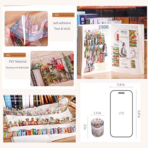 Image of 6 Rolls PET Washi Tape Set,Reading Themed Scrapbook Tape Stickers for Journaling,Junk Journal,Planner,DIY Arts Crafts,Notebook,Photo Frame,Phone Case(Book)