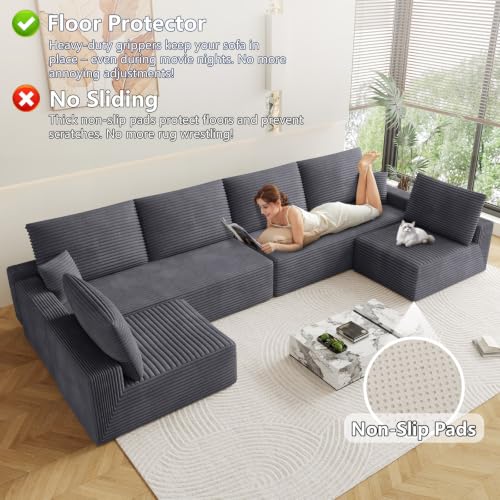 Image of Oversized Modular Sectional Sofa Couch, Large 6 Seater Corner Sofa Modern U Shaped Sectional Couch Cloud Couches for Living Room, Office, Spacious Space, Corduroy, No Assembly Required, Dark Grey