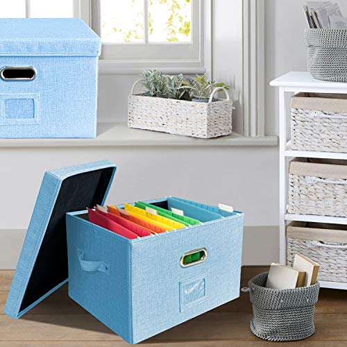 JSungo File Organizer Box Office Document Storage with Lid, Collapsible Linen Hanging Filing Organization, Home Portable Storage with Handle, Letter Size Legal Folder, Blue - Thumbnail 7