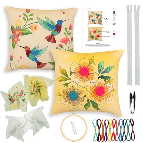 Image of picknMAKE Pack of 2 DIY Cushion Cover Hand Embroidery Kit for Beginners & Adults - Botanical Harmony Set | 16 inchx16 inch Cross-Stitch Pillow Covers with Digitally Printed Designs | All Materials Inside