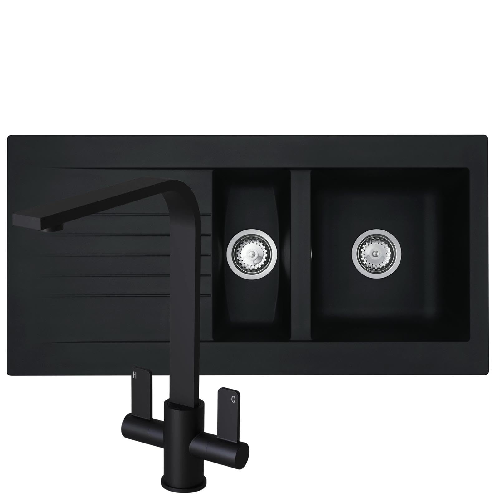 Liquida Black Kav150bl 1.5 Bowl Composite Kitchen Sink And Eb403mb Tap