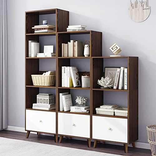 Iotxy 3-Tier Open Shelves Bookcase - 47 Inches Height Modern Floor Standing Cubes Wooden Low Bookshelf With Storage Drawer And Legs, Walnut #TOP4