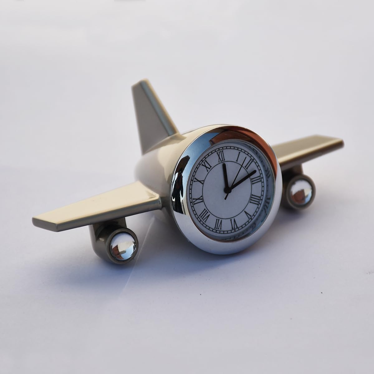 saugat traders metal airplane clock for office desk, study table - aeroplane miniature table clock showpiece - best gift for airforce person, aviation lover, air hostess (silver)