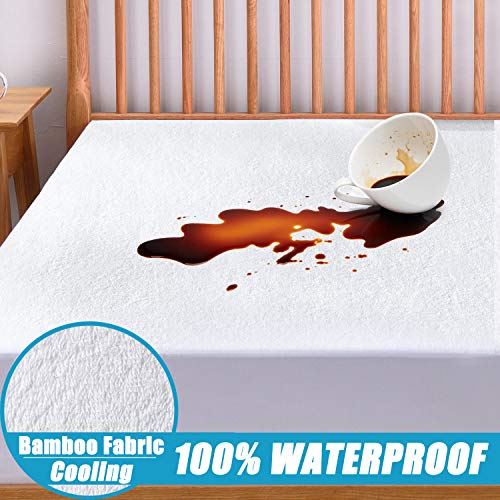 Queen Size Cooling Waterproof Mattress Protector Bamboo Mattress Protector - Hypoallergenic Mattress Pad Cover Fitted 8"-21" Deep Pocket - Bed Mattress Cover Breathable, Noiseless, Vinyl Free