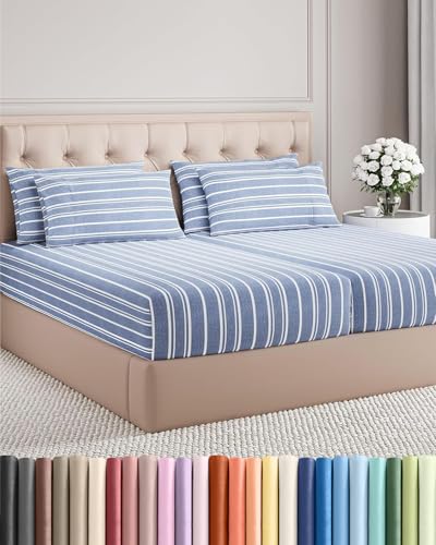 Image of Split King 7 Piece Bed Sheet Set - Breathable & Cooling - Blue Stripes | Ultra-Soft Hotel Luxury Bedding Set w / 8-16 Inch Deep Pockets, 1 Flat & 2 Fitted Sheet & 4 Pillowcases, Wrinkle & Fade Free