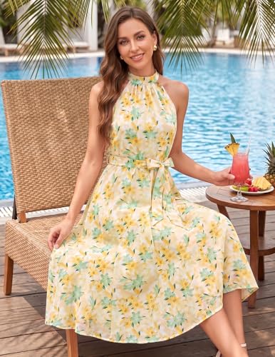 Image of Bbonlinedress Women Floral Midi Dress 2026 Halter Summer Spring Boho Casual Beach Vacation A-line Flowy Sun Dresses