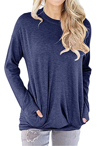 TWKIOUE Women Solid Color Round Neck Casual Loose Long Sleeve Sweatshirt T-Shirts Tops Blouse Navy Blue M