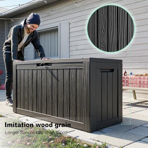 Image of 90 Gallon Waterproof Resin Deck Box, UV Resistant Outdoor Storage for Garden, Patio, Porch, Delivery, Striped Black