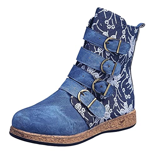 Botas por encima de la rodilla para mujer, botas de verano para mujer, cremallera tubular, estampado de flores, retro, plano, cálido, bordado para mujer, con cierre medio, botines redondos, botines de