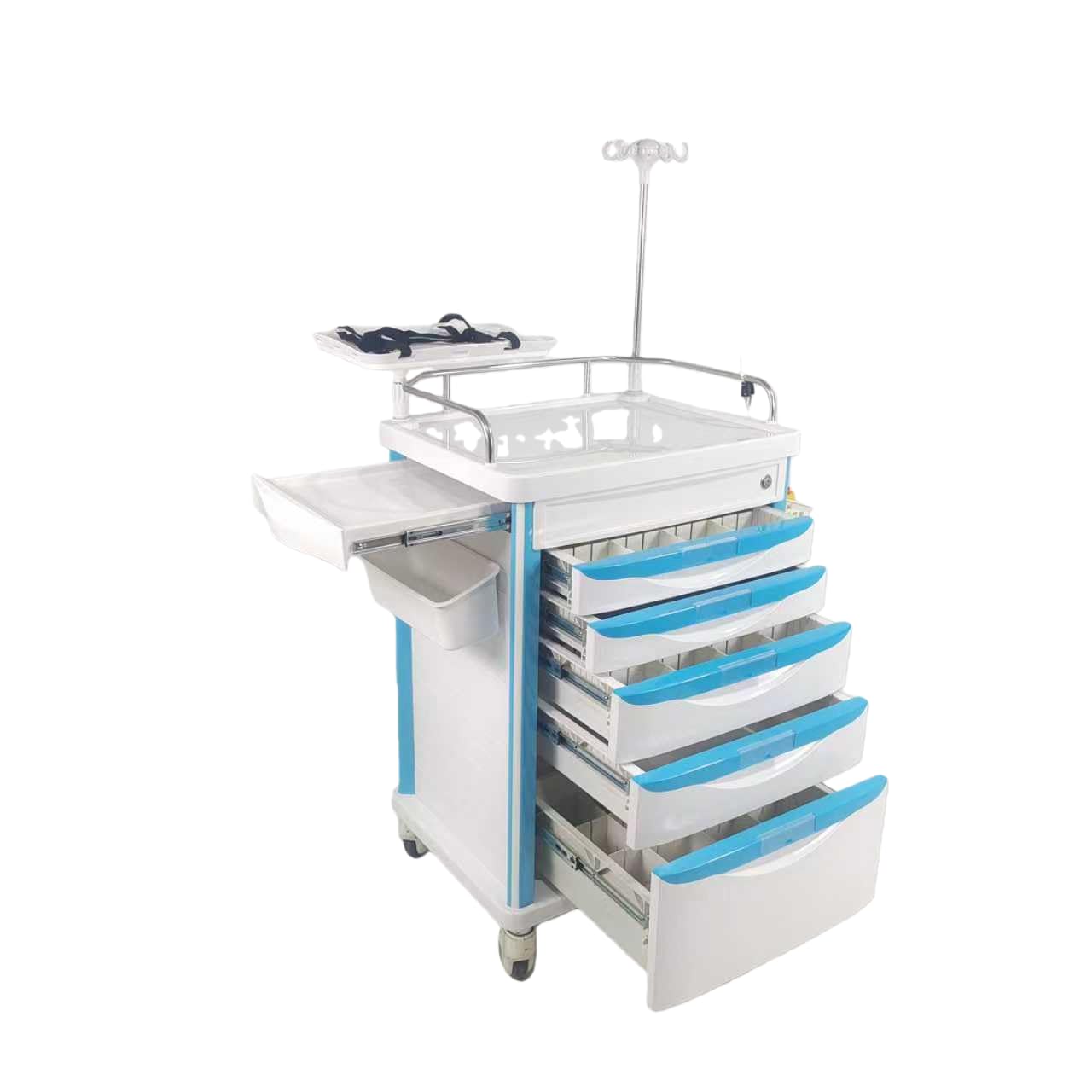 Notfall Trolley with 5 Drawers Mobile medizinische Notfall-Trolley Crash Cart Adjustable IV Pole Cardiac Tisch