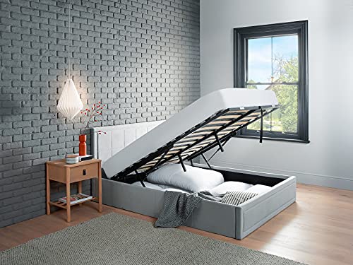 Home Treats Grey Velvet Ottoman Storage Bed, Lift Up Upholstered Bed Frame (Single, No Mattress)