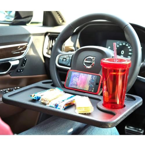 Image of Steering Wheel Tray for Car, Portable Food Tray & Laptop Mount Table for Driver, Hook-On Car Desk Fits Most Steering Wheels, Black, Medium, for Eating, Writing & Work While Parked