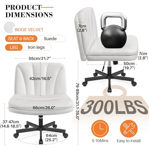 FelixKing Criss Cross Chair with Wheels, Cross Legged Office Chair, Armless Wide Vanity Desk Chair with Comfty Velvet & Back - Swivel Height Ajustable for Home Office Bedroom, Pearl White Velvet
