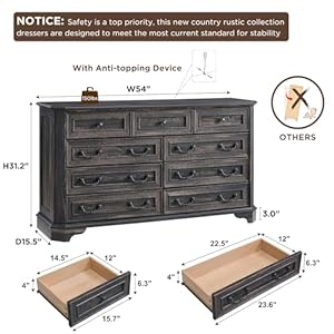 T4tream farmhouse 9 drawers dresser for bedroom 54 wide wood rustic chest of drawers with natural texture vintage design storage dressers organizer for bedroom living room dark rustic oak  urban country home decor