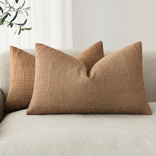 Image of Foindtower Set of 2 Decorative Linen Check Throw Pillow Covers Neutral Farmhouse Lumbar Cushion Covers Modern Boho Home Decor for Sofa Chair Couch Bedroom Living Room,12x20 Inch,Brick