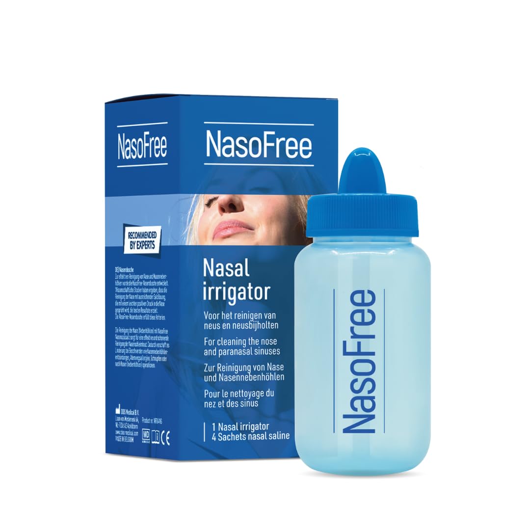 Ducha nasal - Botella de enjuague suelto - Para resfriados y alergias - Polen debido a la fiebre del heno - con 4 sobres de sales de lavado nasal - Con cloruro de sodio y bicarbonato de sodio