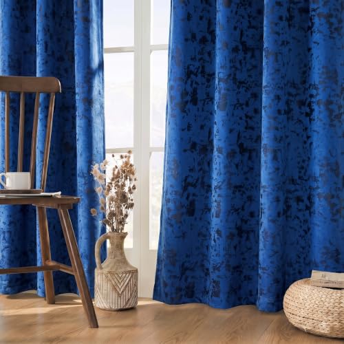 Image of IVAZA Premium Velvet Burnout Pattern 70% Blackout Opaque Curtains - Thermal Insulated, Heavy Blackout Opaques, Room Darkening Curtain for Door 8 Feet Pack of 2 Blue Burnout