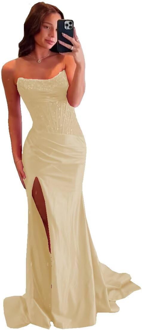 Lorencia Long Strapless Pleats Satin Prom Dress with Split Empire Waist Corset Mermaid Formal Gowns LN021