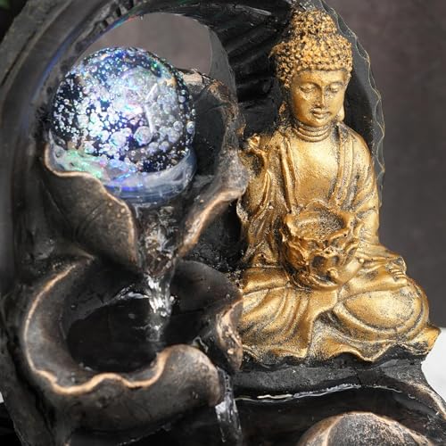 GEEZY Indoor Water Fountain - Crystal Ball Buddha Design Water Feature with LED Lights - Mains Powered & Self-Contained, Table Top, Relaxing & Tranquil - Perfect for Home, Living Room, Office Decor - Image 4