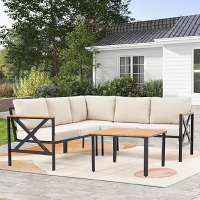 MELLCOM 6 Pieces Patio Furniture Sets, L-Shaped Patio Conversation Sets Metal Outdoor Sectional Sofa with Fauxwood Coffee Table & 6.5" Olefin Cushions for Backyard, Garden, Poolside