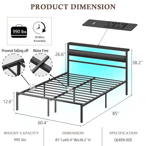 Image of Ourpic Queen Bed Frame with Led Lights and Charging Station, Bed Queen Size Frame with Headboard and Under Bed Storage, Black Metal Platform Bedframe and Storage Shelf, Easy Install