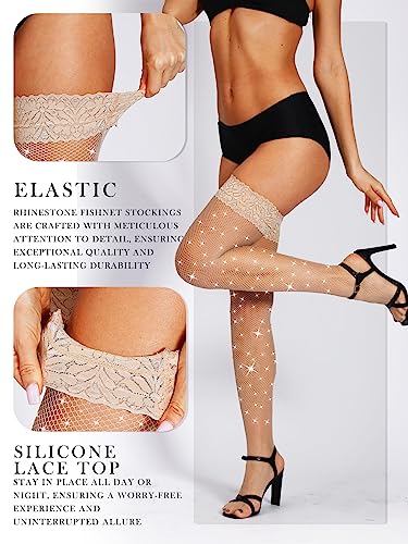 Image of SUREPOCH Sparkly Rhinestone Fishnet Thigh High Stockings for Women Silicone Lace Top