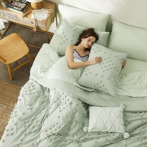Image of Geniospin Girls Full Size Comforter Sets - 7 Pieces Pom Tufted Bed in a Bag | All Season Shabby Chic Full Size Bedding Sets with Comforter, Sheets, Pillowcases & Shams, Sage Green