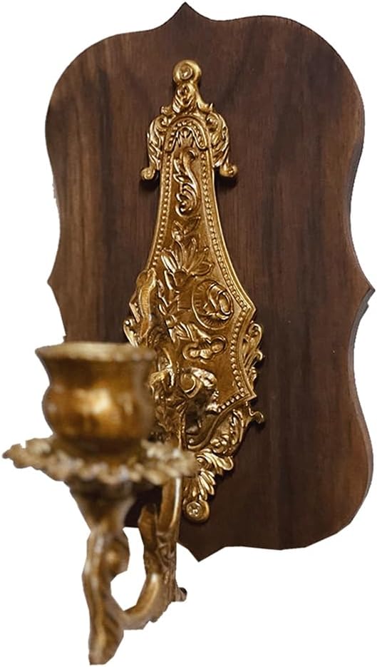 Vintage Solid Wood Brass Walnut Wall Candle Holder,Heavy Carving Metal Wall Candle Sconces for Bedroom Living Room Kitchen Bathroom (Small)
