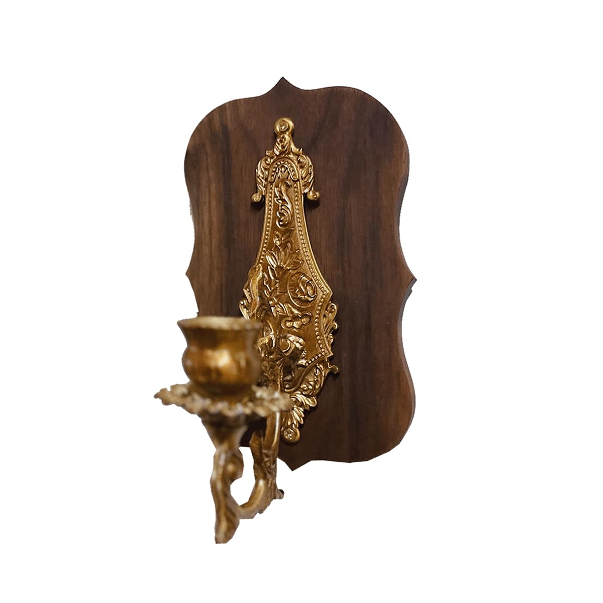 BOOMLATU Vintage Solid Wood Brass Walnut Wall Candle Holder,Heavy Carving Metal Wall Candle Sconces for Bedroom Living Room Kitchen Bathroom (Small)