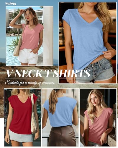 Image of Huukeay 3 Pack Women's V Neck Cap Sleeve T Shirts | Short Sleeve Basic Tees, Loose Fit Soft Tops for Women, Casual Lightweight Shirts, Everyday Summer Clothes