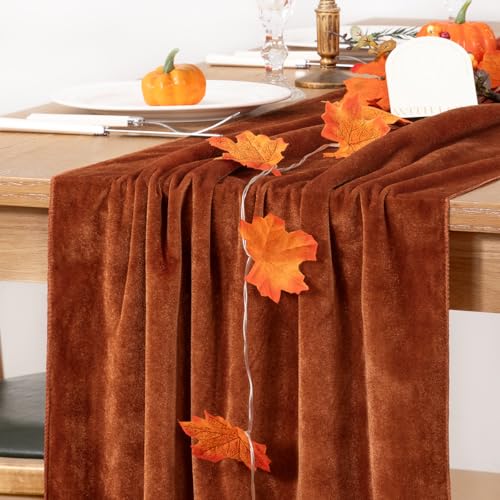 Image of Velvet Table Runner 10ft Luxury Wrinkle Resistant Velvet Fabric, Terracotta | Smooth Texture, Fade & Pilling Resistant, Rich in Luster, for Wedding Holiday Kitchen and Dining Table Decor, 20x120 Inches