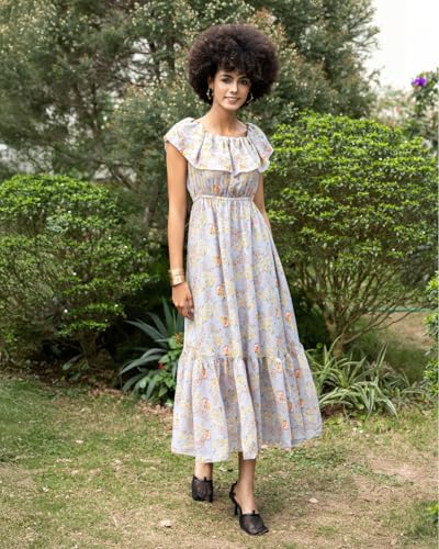 SIXDO Floral Off-Shoulder Maxi Voile Dress, a Romantic and Elegant Pick for Spring and Summer 2025 Grey — view 3