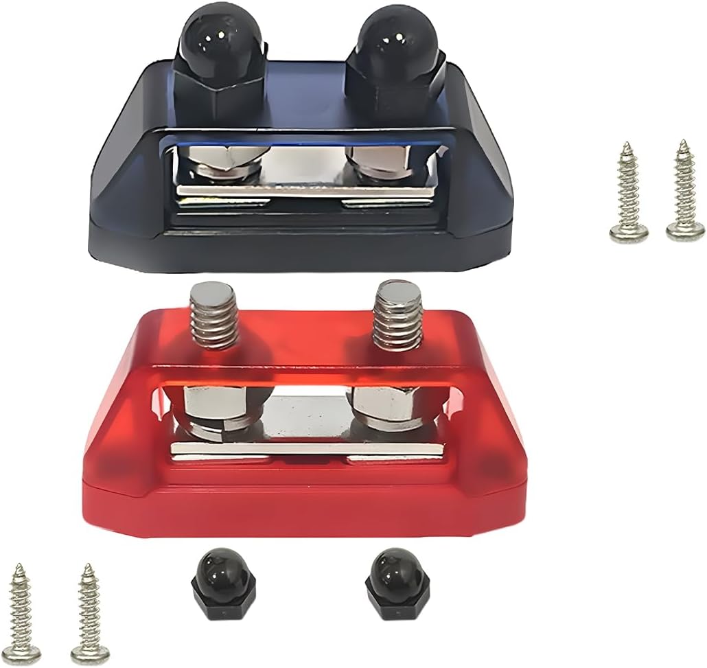 2PCS 3/8" M10 Bus Bar Power Distribution Block, 250A 48V DC Dual Stud Bus Bar Battery Terminal Junction, Universal Electrical Connection Accessories for Car Marine Boat Red & Black Screws