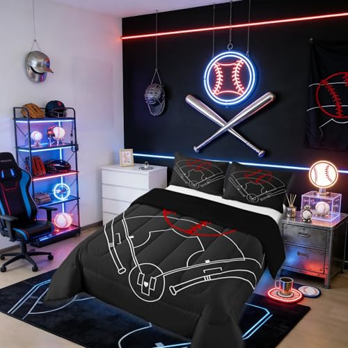 Baseball Field Print Comforter Set Full Size,Boys Ball Sports Games Themed Bedding Comforters Bedroom Decor,Red Baseball Bat Sporting Equipment Duvet Set with 2 Pillowcases,for Girls Teens