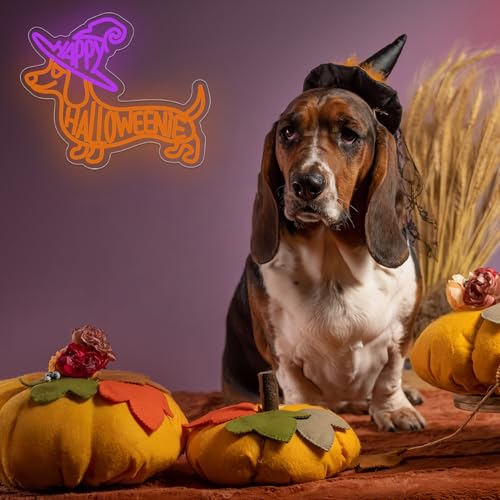 Image of Happy Halloween Neon Sign Halloween Neon Sign for Wall Decor Dimmable Dog Neon Light for Halloween Door Porch Room Party Wall Decor