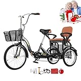 AVOMEB Tricycle Adult Foldable Trike Pedal 3 Wheel Bicycle, with Rear Seat and Front & Rear Basket, Double Chain 21Inch Adjustable Folding Tricycle Cruise Bike, for Seniors Kids(Color:Black)